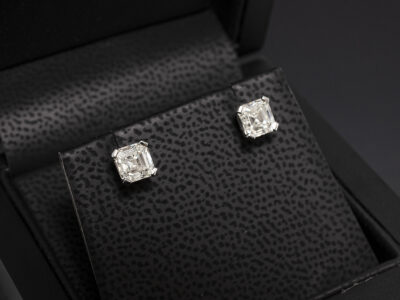 Platinum 4 Claw Set Diamond Stud Earrings, Asscher Cut Diamonds 1.58ct Total