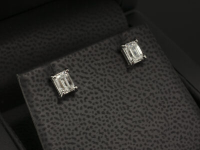 Platinum 4 Claw Set Diamond Stud Earrings, Lab Grown Emerald Cut Diamonds 1.2ct Total E Colour SI1 Clarity