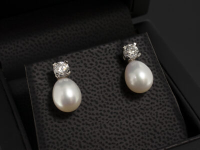 Platinum Claw Set Drop Design Diamond and Pearl Earrings, Round Brilliant Cut Lab Grown Diamonds 0.60ct Total and Teardrop Fresh Water Pearls