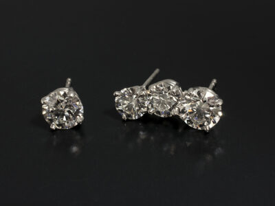 Platinum Claw Set Single and Climbing Trilogy Diamond Stud Earrings, Lab Grown Diamonds 1.09ct G VS2, 1.05ct G VS2, 0.70ct F VS1 and 0.58ct G VS2