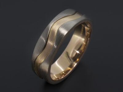 Gents Engagement Ring, 18kt White and Rose Gold Wave Design, 6mm Width, Brushed Finish