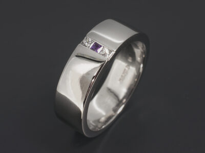 Gents Purple Sapphire and Diamond Engagement Ring, Platinum Channel Set Design, Princess Cut Purple Sapphire, Princess Cut Diamonds x2