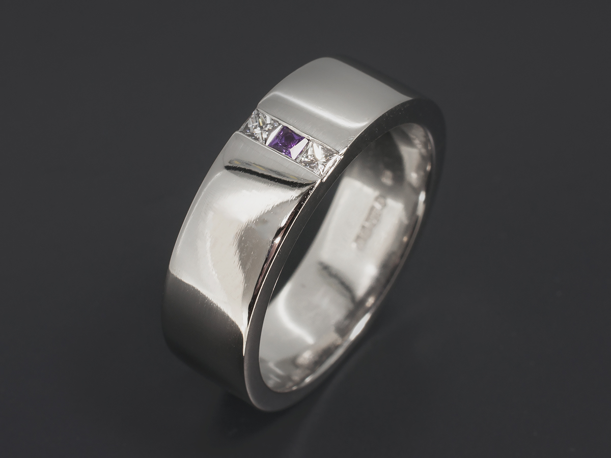 Gents Purple Sapphire and Diamond Engagement Ring, Platinum Channel Set Design, Princess Cut Purple Sapphire, Princess Cut Diamonds x2