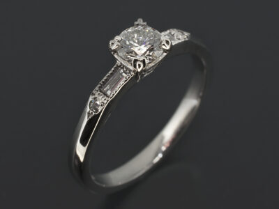 Ladies Antique Design Diamond Engagement Ring, Platinum 4 Claw and Rub over Set Design, Round Brilliant Cut Diamond Centre Stone 0.41ct F Colour SI1 Clarity EXEXEX, Baguette Cut Diamonds 0.10ct (2), Round Brilliant Cut Diamonds 0.02ct (2), Millgrain Detail