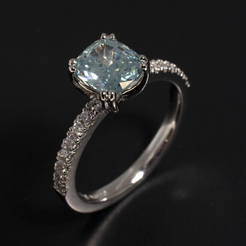 Ladies Coloured Diamond Platinum Design Ring, Blue Treated Diamond 1.03ct, Round Brilliant Cut Diamond Castle Set Shoulders
