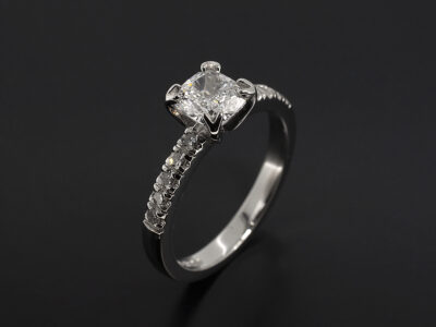 Ladies Diamond Engagement Ring, Platinum 4 Double Claw Castle Set Diamond Shoulders, Cushion Cut Lab Grown Diamond 0.91ct E Colour, SI Clarity, VG Polish, Ex Symmetry
