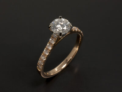 Ladies Diamond Engagement Ring, 18kt Rose Gold and Platinum Claw and Castle Set Design, Round Brilliant Cut Diamond Centre Stone 0.72ct, D Colour, SI2 Clarity, EXEXEX, Round Brilliant Cut Diamond Shoulder 0.28ct Total