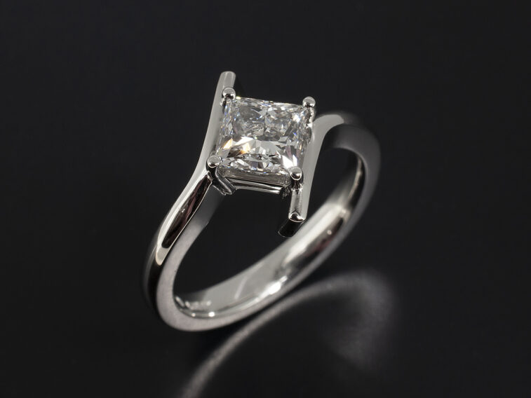 Ladies Diamond Solitaire Engagement Ring, Platinum 4 Claw Twist Design, Princess Cut Lab Grown Diamond 1.03ct D Colour SI1 Clarity