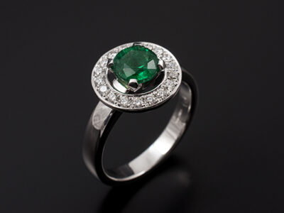 Ladies Emerald Engagement Ring, 18kt White Gold Halo Design, Round Brilliant Cut Emerald 0.83ct