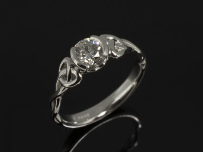 Ladies Solitaire Diamond Engagement Ring, Platinum Celtic Half Rub Over Set Design, Round Brilliant Cut Lab Grown Diamond 0.84ct G VS1 EXEXEX