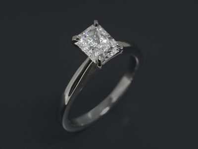 Ladies Solitaire Diamond Engagement Ring, Platinum Claw Set Design, Radiant Cut Diamond 0.91ct D Colour VS2 Clarity EX Polish VG Symmetry