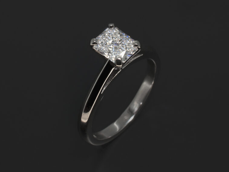 Ladies Solitaire Diamond Engagement Ring, Platinum Claw Set Design, Radiant Cut Lab Grown Diamond 0.77ct D Colour VS2 Clairty VG Polish VG Symmetry, Knife Edge Shank Detail