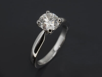 Ladies Solitaire Diamond Engagement Ring, Platinum Claw Set Design, Round Brilliant Cut Diamond 1.05ct. F Colour VS2 Clarity ID Cut EX Polish VG Symmetry
