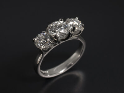 Ladies Trilogy Diamond Engagement Ring, Platinum Design with Tulip Shape Settings, Round Brilliant Cut Diamonds 0.90ct E SI1 and 2 x 0.50ct E VS2