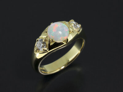 Ladies Trilogy Dress Ring, 18kt Yellow Gold, 0.90ct Round Opal with Round Brilliant Cut Diamonds 0.50ct Total F VS Quality
