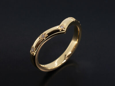 Ladies Wishbone Shape Secret Set Diamond Wedding Ring, 18kt Yellow Gold, Round Brilliant Cut Diamonds x5 Set, Star Detail Engraving around Stones