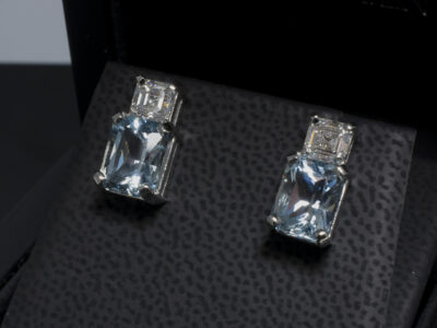 Platinum Claw Set Stud Earrings, Radiant Cut Aquamarines 2.16ct, 2.08ct, Asscher Cut Diamonds 0.60ct D Colour, VS1 Clarity, Ex Polish, VG Symmetry. 0.60ct E Colour, VS1 Clarity, Ex Polish, VG Symmetry