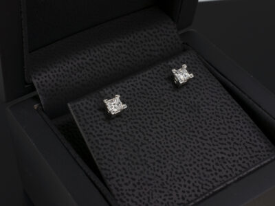 Platinum Four Claw Basket Set Diamond Stud Earrings, Princess Cut Diamonds, 0.49ct (2) F Colour, VS Clarity Minimum, with Locking Fittings