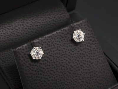 Platinum Six Claw Set Diamond Stud Earrings, Round Brilliant Cut Lab Grown Diamonds, 1.00ct, (2). D-F Colour, VS Clarity, with Locking Fittings