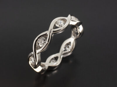 Ladies Full Diamond Eternity Ring, Platinum Tension Set with Round Brilliant Cut Diamonds 0.87ct Total, Swirl Design