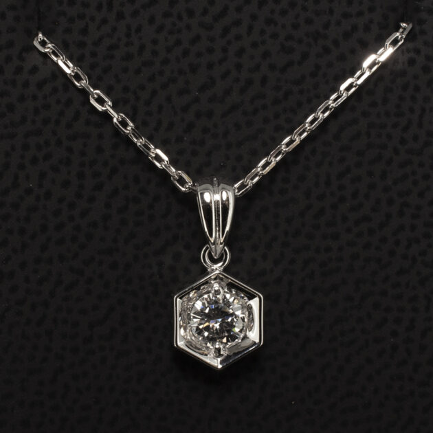 18kt White Gold Diamond Hexagonal Pendant Necklace with Claw Set 0.33ct Round Brilliant Cut Diamond on Trace Chain