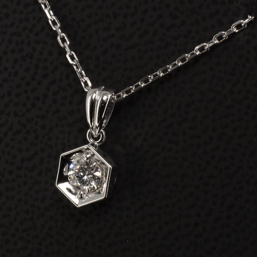 18kt White Gold Diamond Hexagonal Pendant Necklace with Claw Set 0.33ct Round Brilliant Cut Diamond on Trace Chain