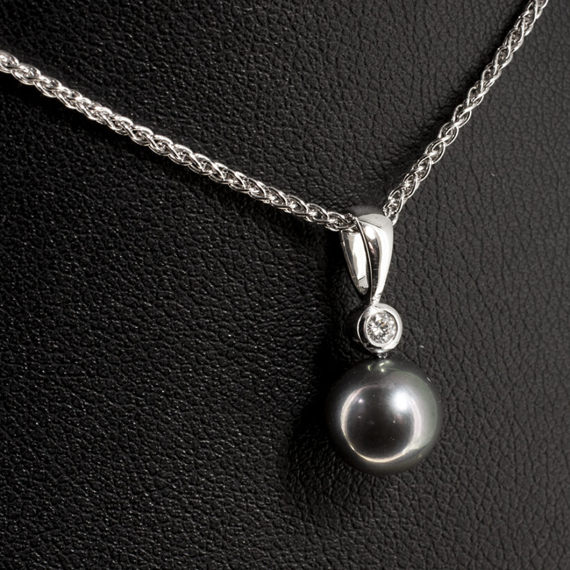 Black Cultured Pearl and Diamond Drop Pendant Set in 18kt White Gold