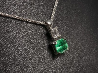 18kt White Gold 4 Claw Set Emerald and Diamond Pendant, Asscher Cut Emerald 1.09ct, Emerald Cut Diamond 0.37ct, F Colour, Solid Bale on a Spiga Chain