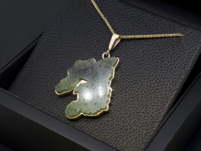 9kt Yellow Gold Rub over Set Jade Pendant, Hand Cut Jade in the Shape of Islay, on a 9kt Yellow Gold Spiga Chain