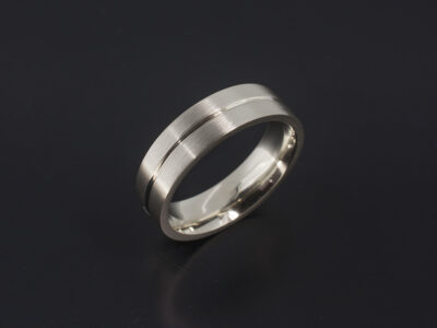 Gents Flat Court Shape Wedding Ring, 9kt White Gold, Tramline Detail, Highly Polished, 5mm Width