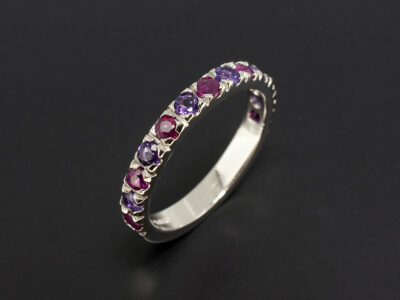 Ladies Amethyst and Ruby Eternity Ring, Platinum Castle Set Half Eternity Design, Round Brilliant Cut Amethysts 0.43ct, Round Cut Rubies 0.72ct