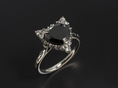 Ladies Black Diamond Engagement Ring, Platinum Claw Set Halo Design, Heart Shaped Black Diamond 1.83ct, Round Brilliant Cut Diamonds 0.44ct Total and Round Brilliant Cut Black Diamonds to Halo and Shoulders