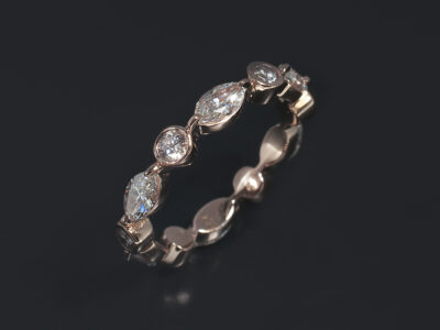 Ladies Diamond Eternity Ring, 18kt Rose Gold Claw and Rub over Set Design, Marquise Cut Diamonds 0.71ct (6), Round Brilliant Cut Diamonds 0.27ct (6)