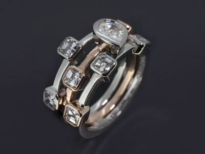 Ladies Diamond Stacker Dress Ring, 18kt Rose Gold Rub over Set Design, Asscher Cut Diamonds 1.47ct (7), Pear Shape Diamond 0.45ct