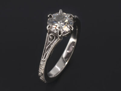 Ladies Solitaire Diamond Engagement Ring, Platinum 6 Claw Set Filigree Design, Round Brilliant Cut Lab Grown Diamond 1.07ct, D Colour, VS2 Clarity, ID Cut, EX Polish, EX Symmetry