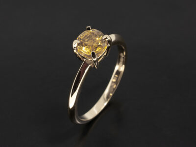 Ladies Solitaire Sapphire Dress Ring, 9kt Yellow Gold Knife Edged Band Design, Cushion Cut Yellow Sapphire 0.82ct