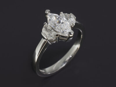 Ladies Trilogy Diamond Engagement Ring, Platinum Claw Set Design, Marquise Cut Lab Grown Diamond 1.01ct, E Colour, VVS2 Clarity, Half Moon Cut Lab Grown Diamond Side Stones Approx 0.54ct (2