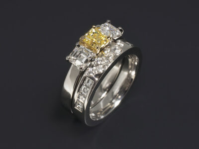 Ladies Trilogy Diamond Engagement Ring, Platinum and 18kt Yellow Gold Claw Set Design, Radiant Cut Yellow Diamond 0.55ct, Asscher Cut Diamond Side Stones 0.75ct (2) – Matching Platinum Channel and Secret Set Wedding Ring, Carre Cut Diamonds 0.55ct (8), Round Brilliant Cut Diamonds 0.11ct (8)