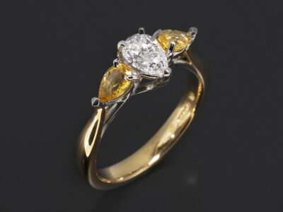 Ladies Trilogy Diamond and Yellow Sapphire Engagement Ring, Platinum and 18kt Yellow Gold Claw Set Design, Pear Cut Diamond 0.50ct, D Colour, SI1 Clarity, Pear Cut Yellow Sapphires Approx 0.60ct (2)