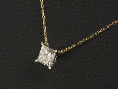 Platinum and 18kt Yellow Gold Claw Set Diamond Pendant, Princess Cut Lab Grown Diamond 0.80ct, F Colour, SI1 Clarity, Ex Polish, VG Symmetry