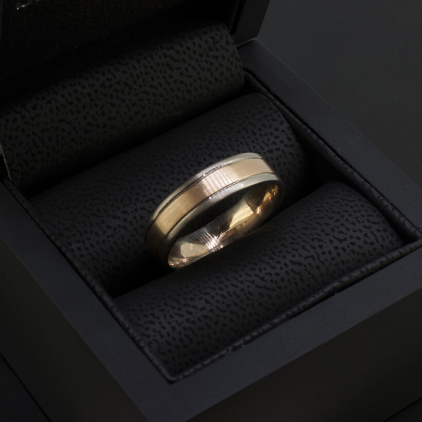 Gents Two Tone White and Rose Gold Wedding Band With Groove Detail in a Brushed Finish