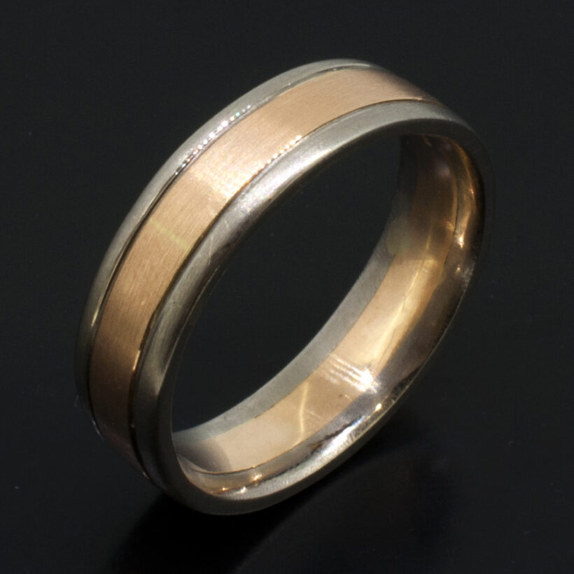 Gents Two Tone White and Rose Gold Wedding Band With Groove Detail in a Brushed Finish