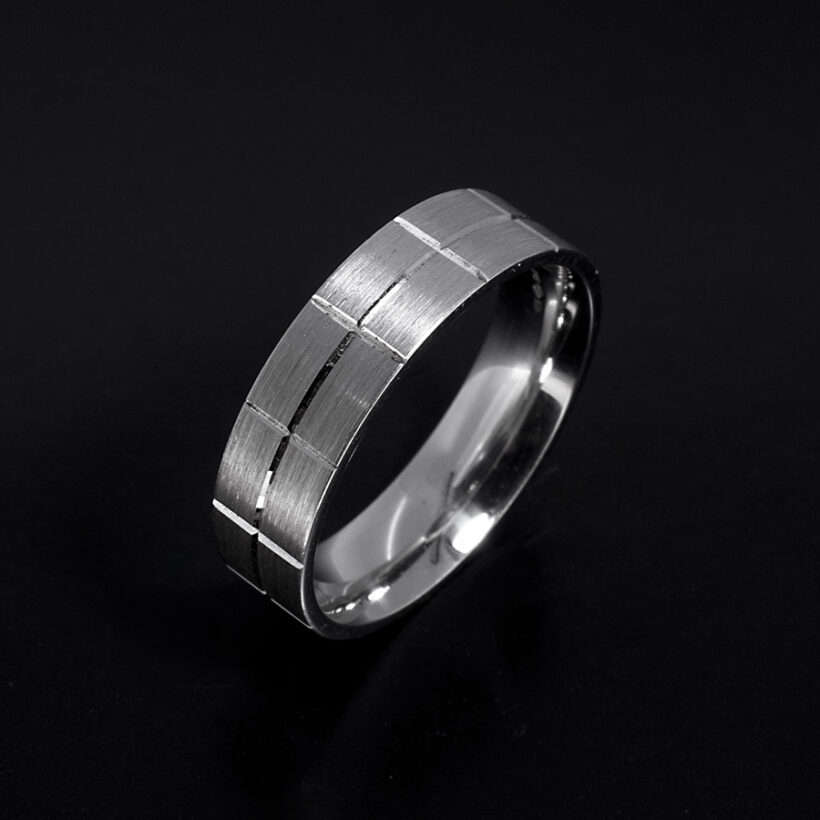 Platinum Flat Court Shape Gents Wedding Ring with Horizontal and Longitudinal Bright Cut Detail