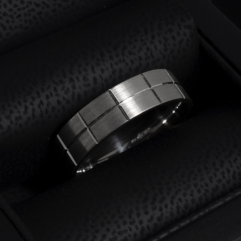 Platinum Flat Court Shape Gents Wedding Ring with Horizontal and Longitudinal Bright Cut Detail