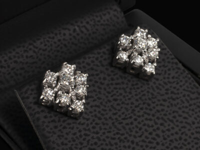 18kt White Gold Claw Set Angled Cluster Stud Earrings, Round Brilliant Cut Diamonds 1.31ct Total (16)