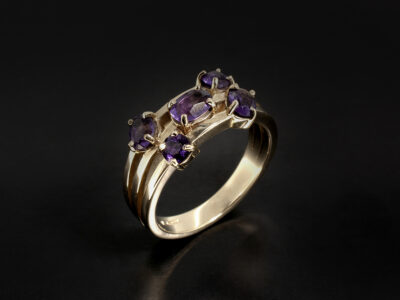 Ladies Amethyst Dress Ring, 9kt Yellow Gold Random 4 Claw Set Design, Amethysts x5