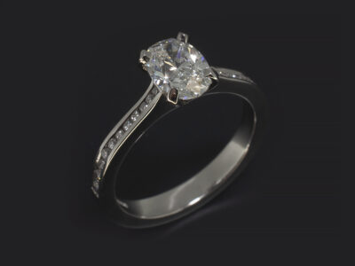 Ladies Diamond Engagement Ring, Platinum Claw and Channel Set Design, Oval Cut Diamond 1.01ct, FVS2, Round Brilliant Cut Diamonds 0.16ct (22), FVS