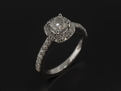 Ladies Diamond Halo Engagement Ring, Platinum Claw Set Engagement Ring, Cushion Cut Lab Grown Diamond 0.54ct, G Colour, VS1 Clarity, Round Brilliant Cut Lab Grown Diamonds 0.37ct Total, F Colour, VS Clarity