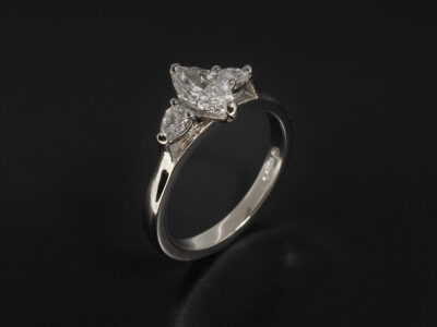 Ladies Diamond Trilogy Engagement Ring, Platinum Claw Set Design, Marquise Cut Lab Grown Diamond 0.60ct, D Colour, VS2 Clarity, Pear Shape Lab Grown Diamonds 0.19ct (2), F Colour, VS Min