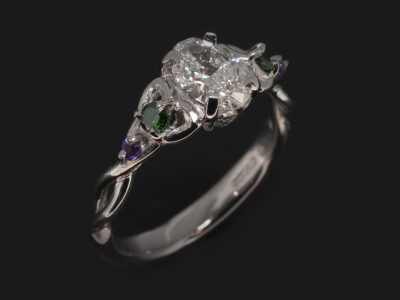 Ladies Diamond and Amethyst Engagement Ring, Platinum Claw Set Celtic Design, Oval Cut Lab Grown Diamond 0.71ct, E Colour, VS2 Clarity, VG Polish, Ex Symmetry, Round Brilliant Cut Green Diamonds 0.12ct (2), Round Brilliant Cut Amethysts 0.06ct (2)